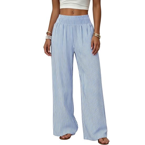 Women Wide Leg Pants Striped Pants, Summer Elastic Waist Casual Soft Lounge Trousers, Breathable Loose Fit Palazzo with Pockets