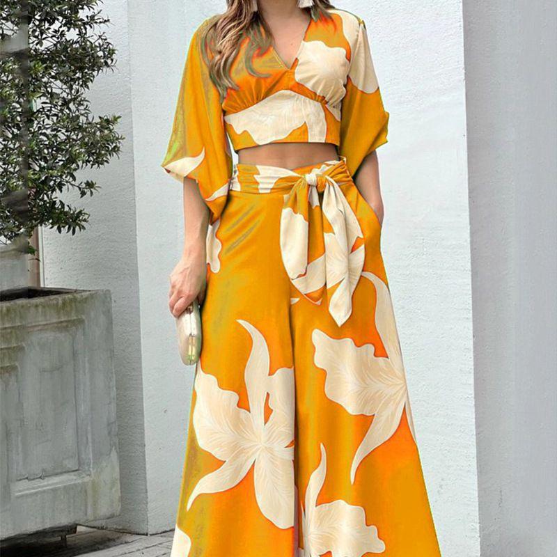 

Summer Fashion Two-Piece Suit Fall Fashion Sexy Minimalist Sling Bell-Bottom Pants Suit Yellow M
