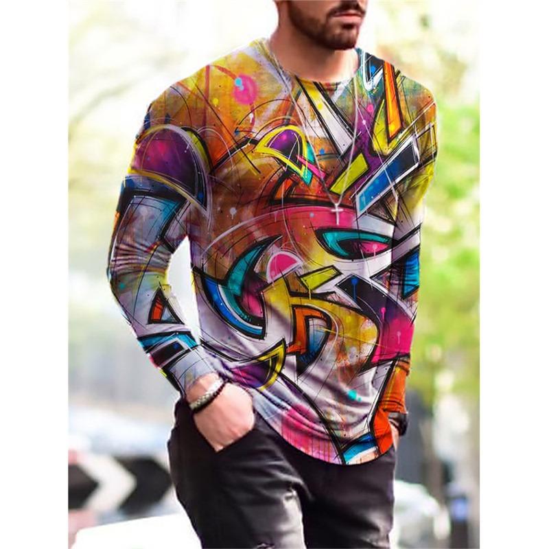3D Gedrucktes Hip Hop Rock T-Shirt Für Männer Buntes Muster T-Shirts Frühling Herbst Freizeit Langarm Rundhals Oberteile Lockere T-Shirts