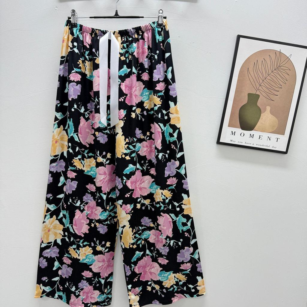 Damen-Blumen-Baumwoll-Seiden-Pyjama - Große Größen, Sommer, Leicht, Für draußen, Gerades Bein, Lockerer Schnitt