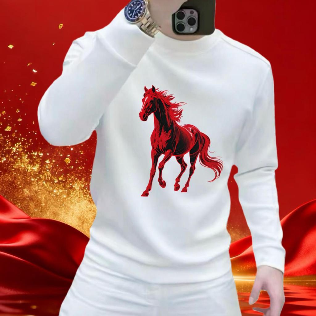 2026 Year of the Horse Zodiac Men's Red Hoodie - Cotton Print Long Sleeve T-Shirt Top
