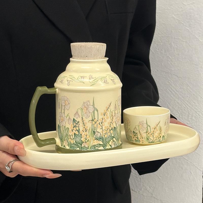 Vintage lily of the valley ceramic kettle cup high value ceramic mug with lid office afternoon teacup gift