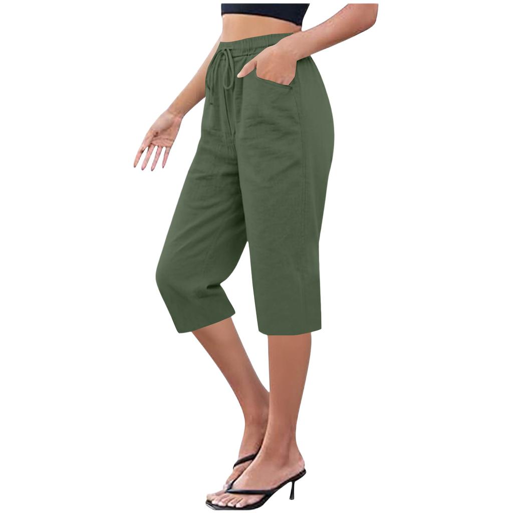 Women's Cotton And Linen Pocket Elastic Casual Pants Five Quarter Pants
