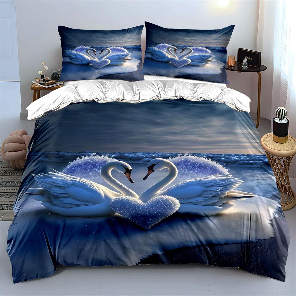 Romantic Swans With Icy Heart Printed Duvet Cover Set1 Duvet Cover+2 Pillowcasemulti Size Bedroom Bedding Decor Luxury Gifts