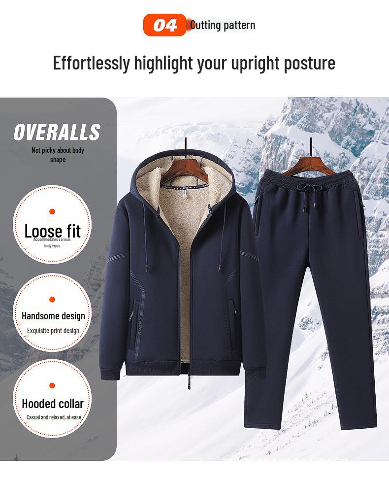 Lambswool Sports Suit: Plus Size Men's Fleece-Lined Hoodie & Cardigan Two-Piece Set for Autumn/Winter.