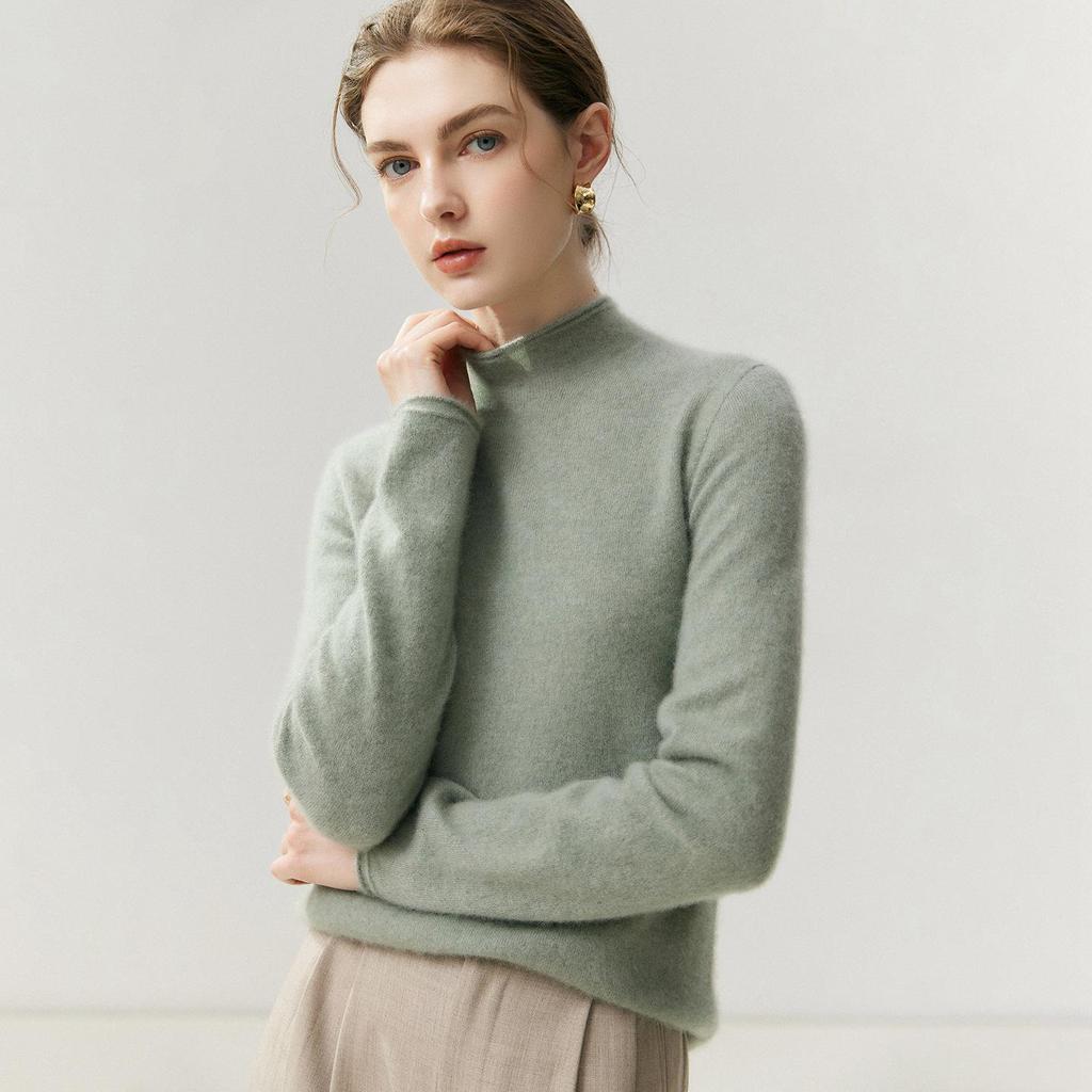 Women's 100% Cashmere Ribbed Half-Turtleneck Sweater - Autumn/Winter Base Layer, Loose & Warm