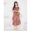 Elegant Pleated Ruffle Dress Women Slim Fit Solid Color Short Sleeve Midi Cake Skirt Office Chic 2025