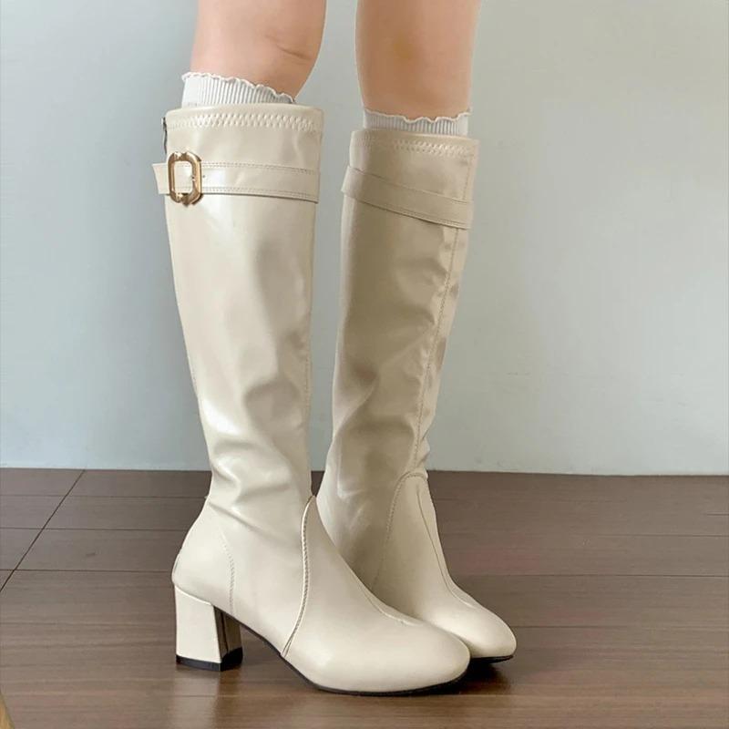 Luxury Women Boots Fashion Square Toe Thick Heel Long Booties Belt Buckle Design Boots Stretch Slim Boots Quality Leather Botas