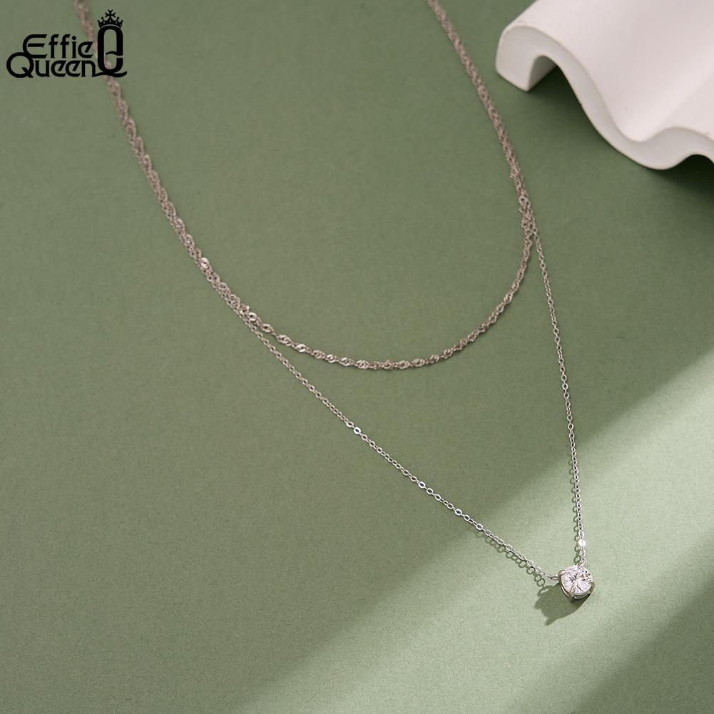 EFFIE QUEEN 925 Pure Silver Multilayer Chain Necklace 5A Crystal Zircon Charm Layered Pendant Neck Chain Fashion Jewelry BQN45