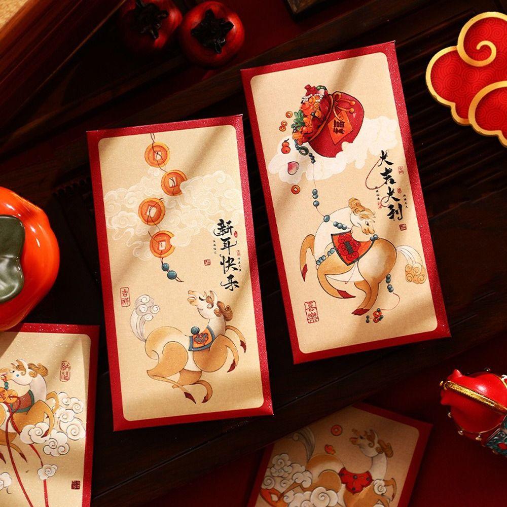 6pcs Chinese Style 2026 Horse Year Red Envelopes Cartoon Thickened Lucky Money Envelopes Blessing HongBao Red Packet