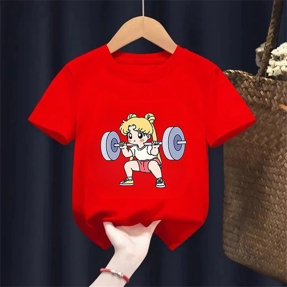 Sailor Moon Lifting Iron Fitness Kids TShirt Cotton Girl Children ParentChild Summer Cute Sweet Fun Short Sleeves Top