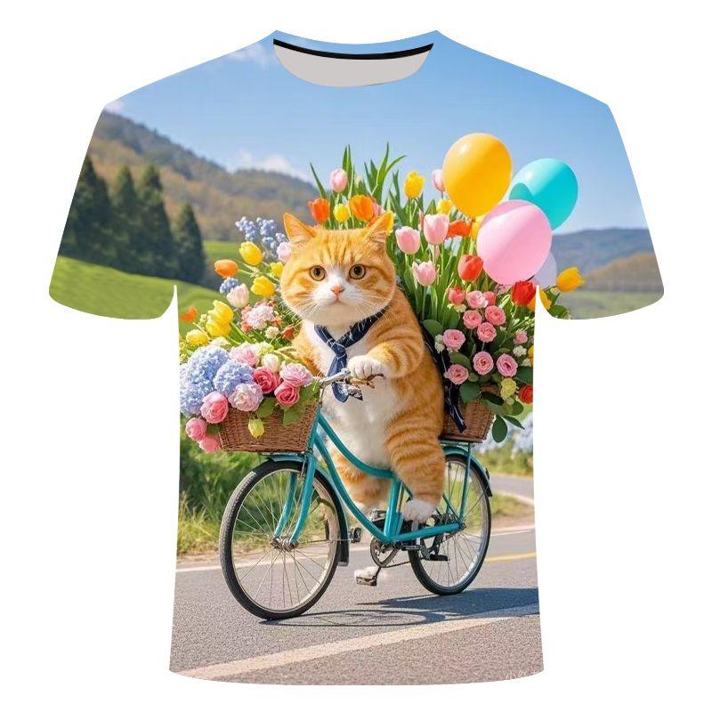 2025 Summer Clothes New Fun Life Edition Cute Cat 3D Printed round-neck Short Versatile Men Women  Kids