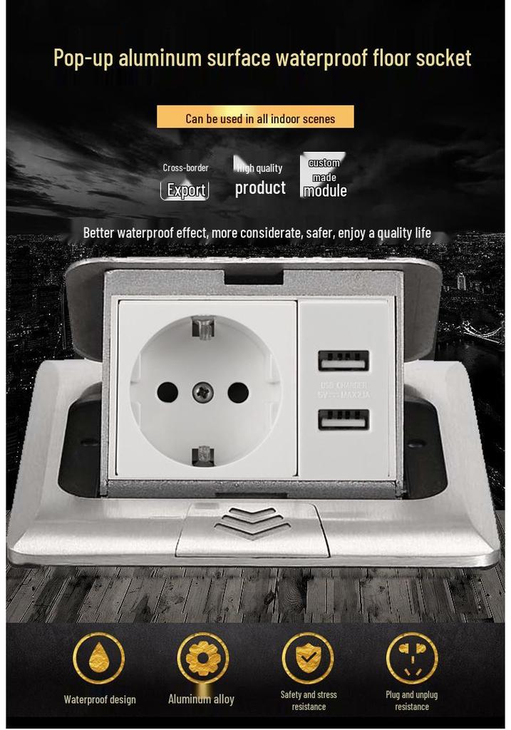 Silver Black Hidden Floor Socket - UK/Thai 15A, US Standard, Six-Hole Floor Power Outlet