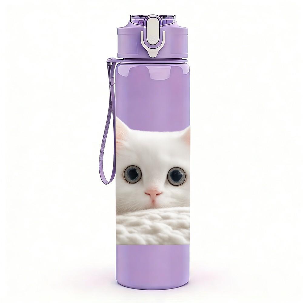 1PC White Kitten Lying On Blanket 750ml Color Plastic Sports Water Bottle Leakproof Flip Straw Lid For Sports Office Home Use