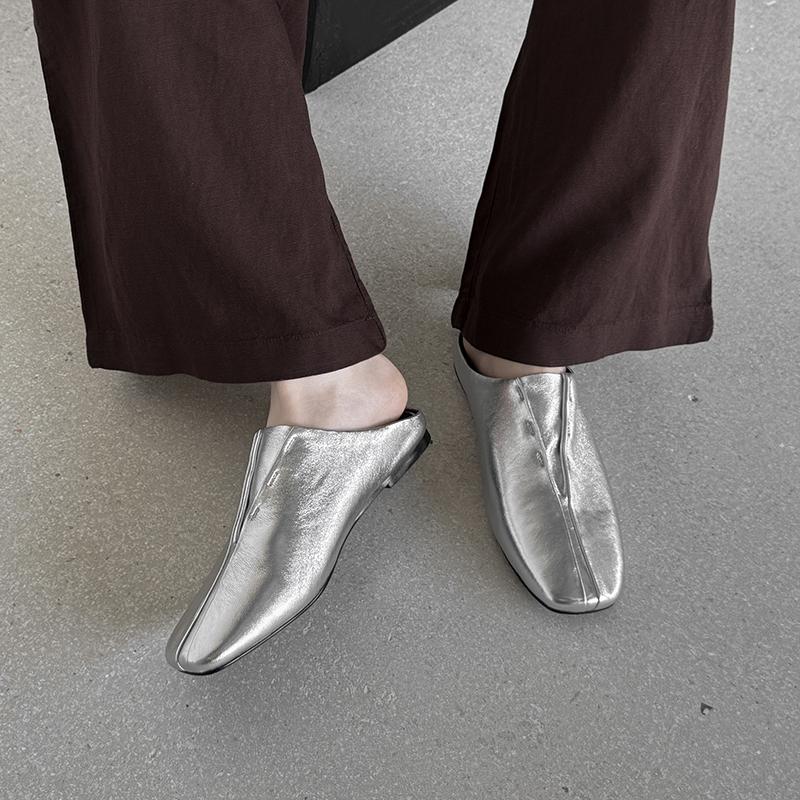 Fashion 2025 New Fashion Square Toe Flat Shoes Women Spring Summer Office Lady Party Genuine Leather Shoes Woman Mueller Slippers