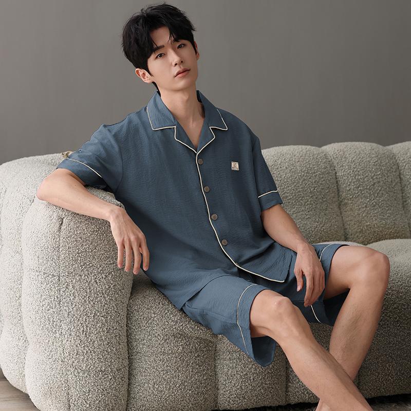 Neuer Sommer dünner Baumwolle Herren Pyjama Set kurzärmliger Cardigan einfarbig Herren Pijama Hauskleidung Oberteile und Shorts 2-teilig/Set Nachtwäsche