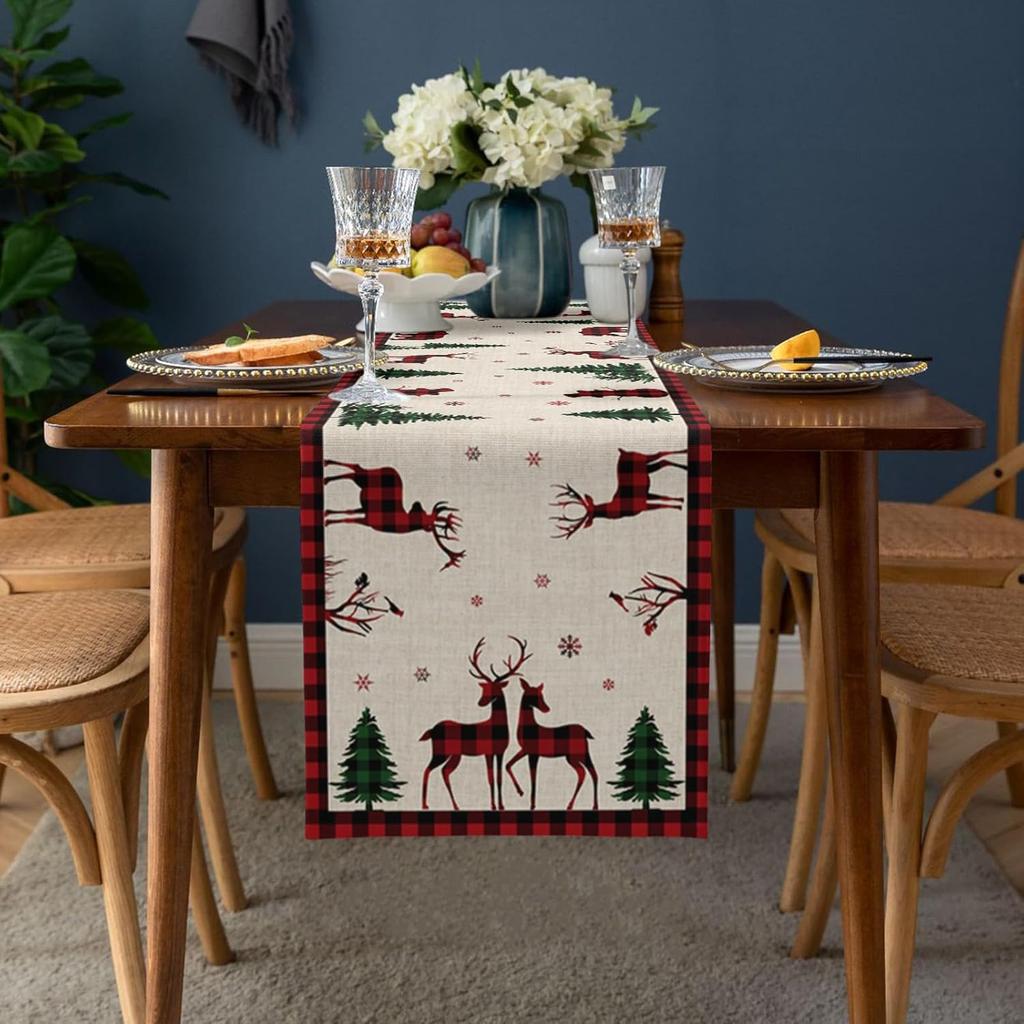 Christmas Elk Deer Holly Tree Linen Table Runner Dresser Scarves Reindeer Xmas Kitchen Dining Table Runner Navidad Decorations