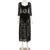 Sexy Backless Long Split Lace Dress for Women Square Collar Three Quarter Sleeve Summer Solid Dress