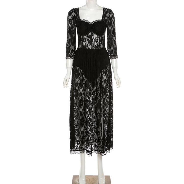 Sexy Backless Long Split Lace Dress for Women Square Collar Three Quarter Sleeve Summer Solid Dress
