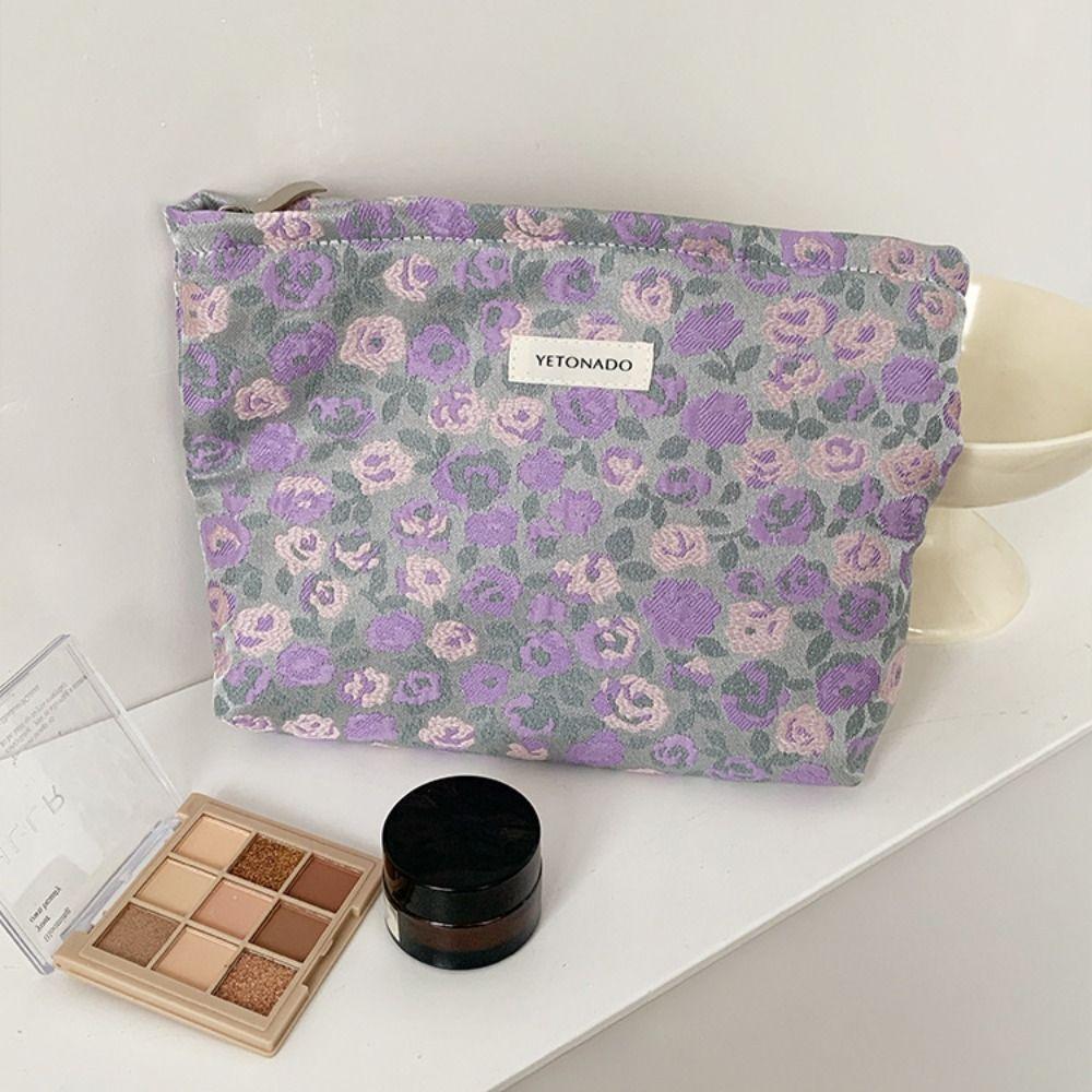 Polyester Canvas Flower Clutch Bag Flower Pattern Zipper Closure Cosmetic Storage Pouch Large Capacity Portable Makeup Bag