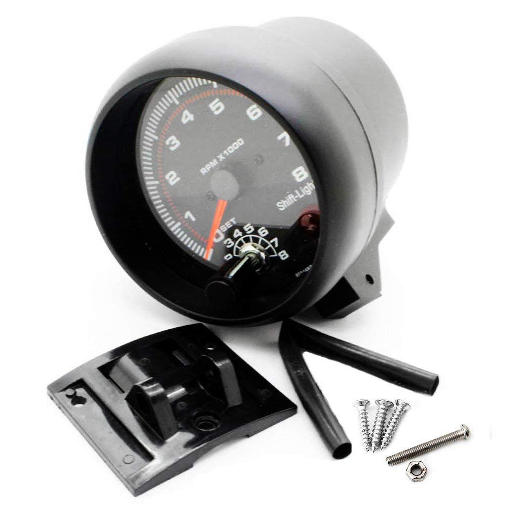 Katigan Universal 3.75" White LED Backlit Tachometer Gauge with Red Shift Light for Gasoline Vehicles, 0-8 RPM