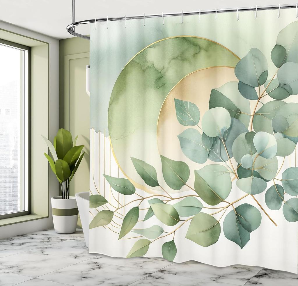 Eucalyptus Leaf Shower Curtain Gold Moon Design Watercolor Green Nature Art Minimalist Bathroom Decor Boho Chic Style Fabric