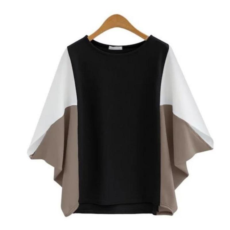 Yaz Kadın Bol Büyük Beden Kısa Kollu Üst Yuvarlak Yaka Renk Bloklu Yarasa Kollu Tişört