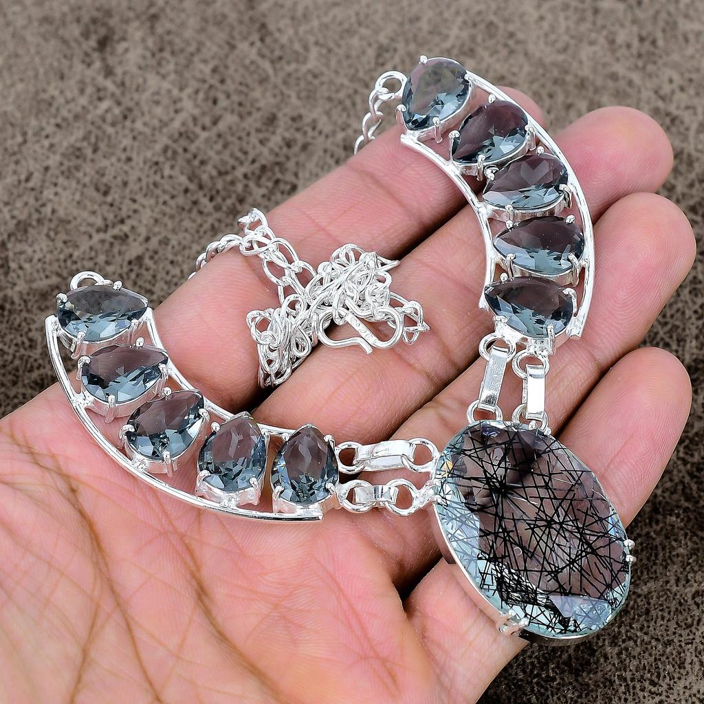 Black Rutile Gemstone Handmade 925 Sterling Silver Jewelry Necklace 18" KKG-434