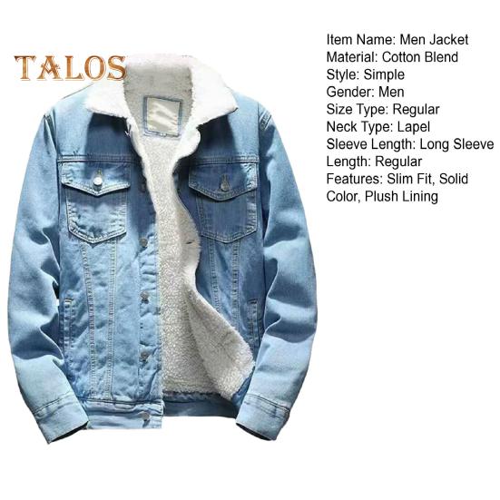 Men Jacket Lapel Long Sleeve Denim Fabric Coat with Flap Pockets Thickened Velvet Lining Warm Button Closure Denim Outerwear
