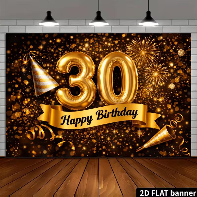 Sfondo Nero Oro 2D per il 30° Compleanno per Fotografia Decorazioni Festa Happy Birthday