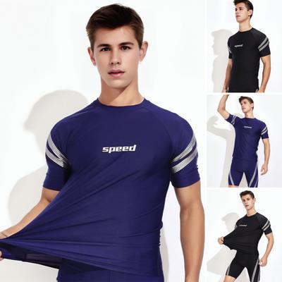 Erkek Yüzme Şortu Su Sporu Üstü O Yaka Kısa Kollu Slim Fit Elastik Nefes Alabilir Hızlı Kuruyan Çizgili Diz