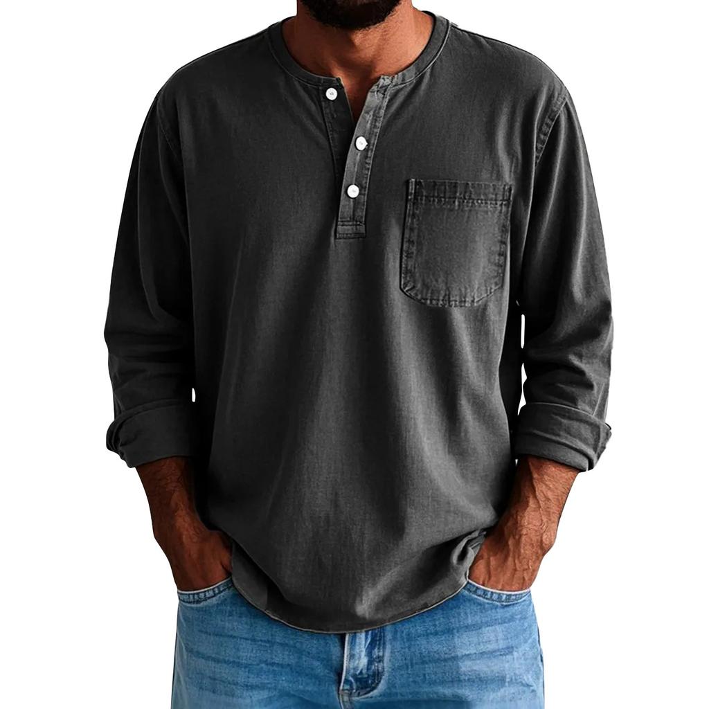 Men's Solid Color Distressed Button Collar Long Sleeve Tops Men's Casual Fashion Tops