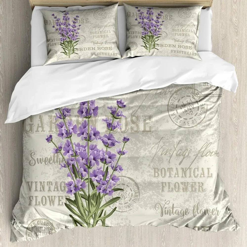Lavendel Bettbezug-Set, Pastell Kornblumen Braut Klassisches Design Zarter Blumendruck Hochzeitsdeko Bettwäsche-Set, Violett Weiß Rosa