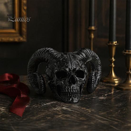 Personalized Goth Room Decor 3D Printed Goat Horn Skull Ornament, Gothic Ram Horned Devil Handmade Style Desktop Skull, Halloween Dark Statue for Home