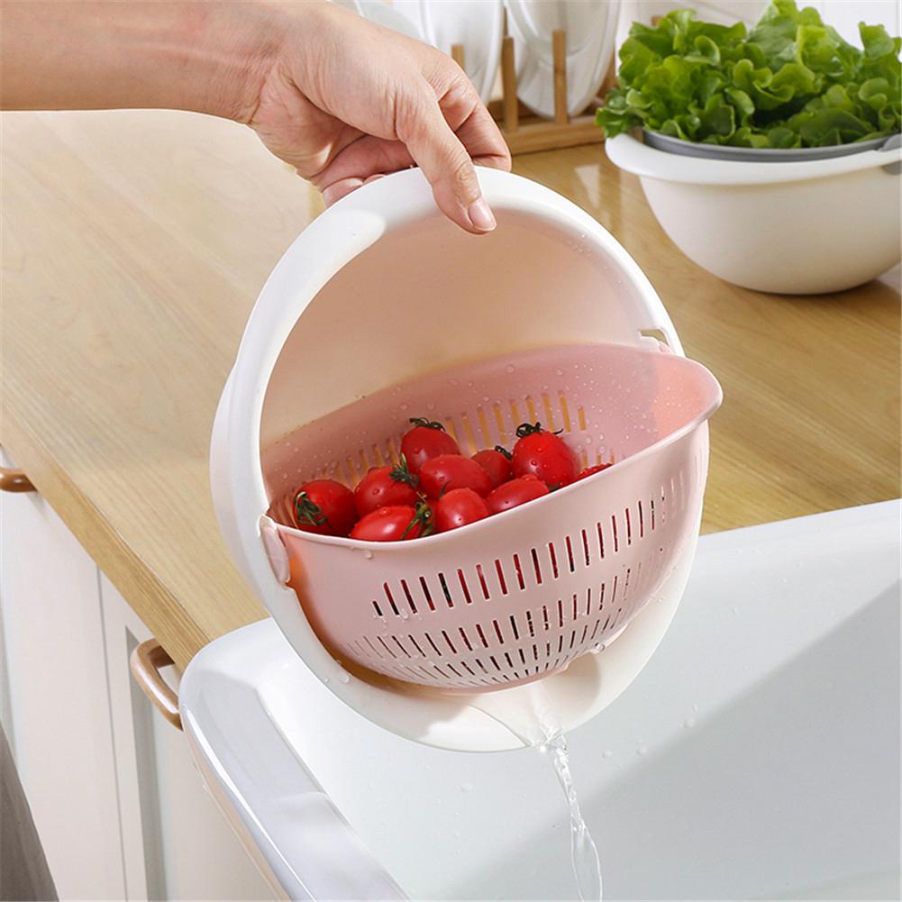 Double layer Drain Basket Fruit Vegetable Washing Colander Strainer Kitchen Tool (Pink)
