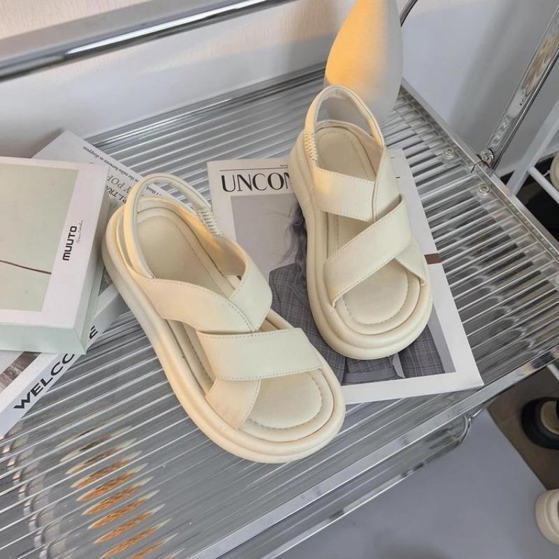 Fashion Open Toe Sandals for Women with Elastic Band Cross 2024 Summer New Thick Sole Fashionable Beach Roman Shoes Solid Color Trend