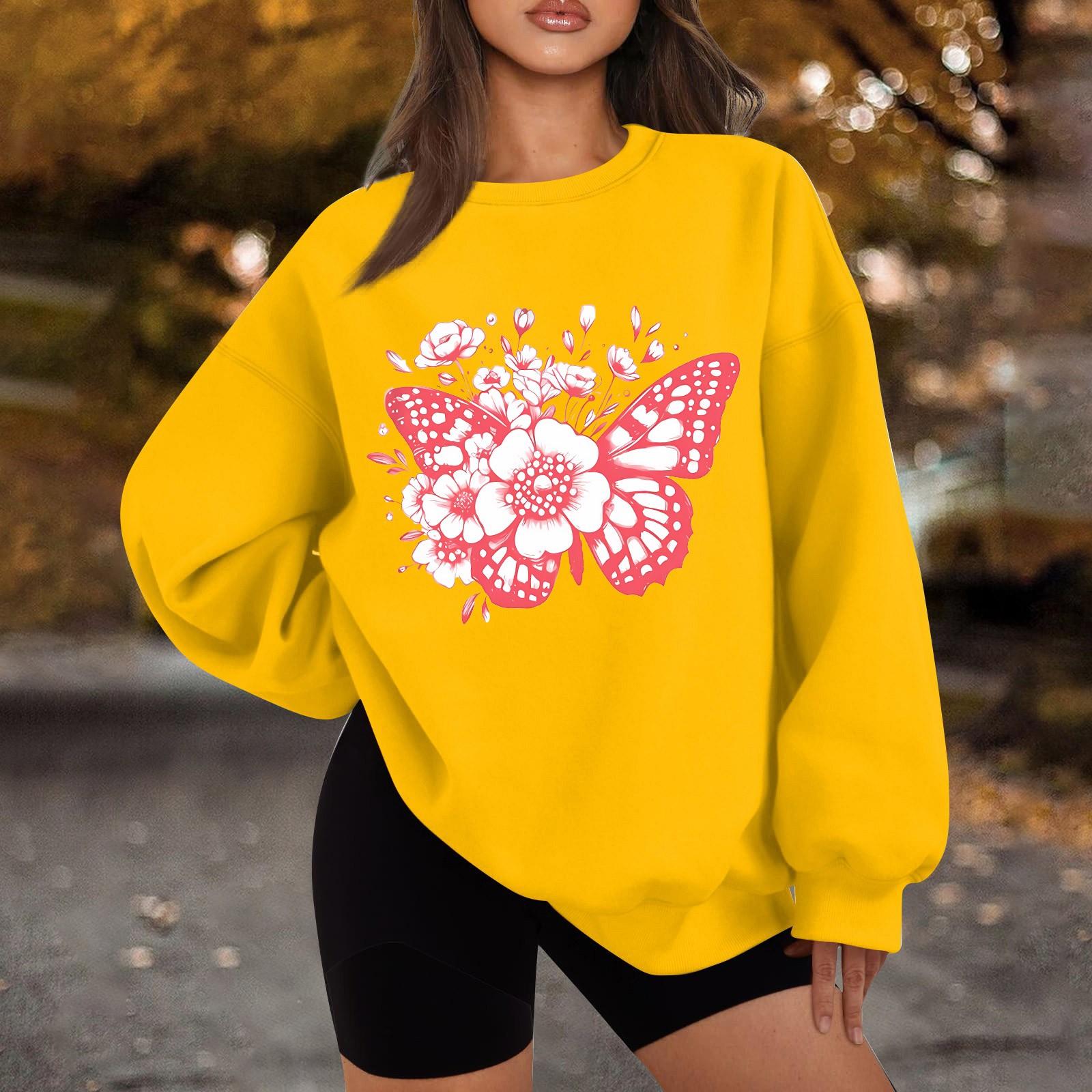 

Женская повседневная модная толстовка с длинным рукавом и круглым вырезом с цветочным принтом XL жёлтый