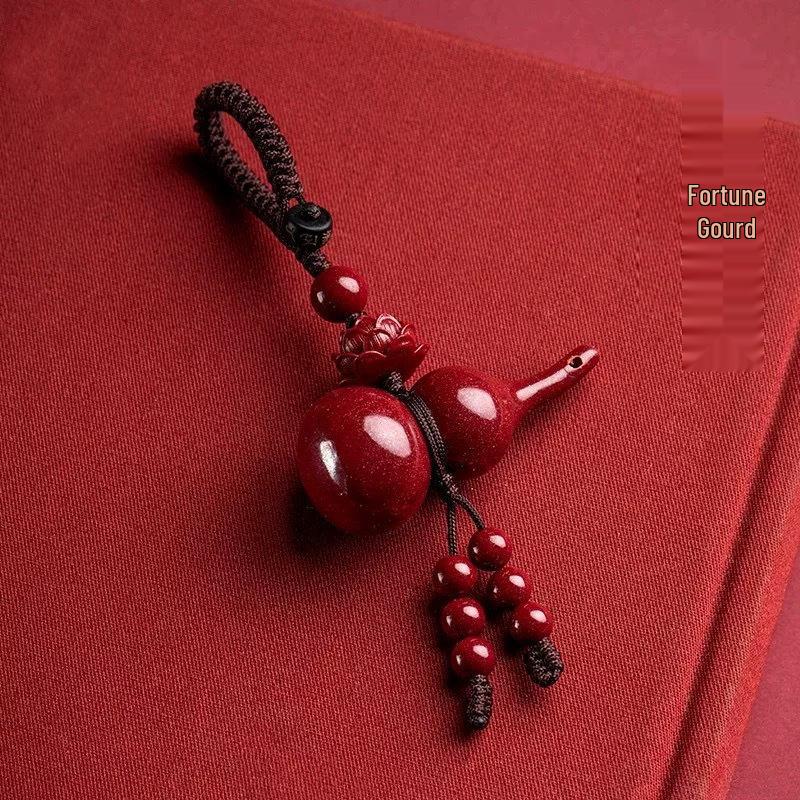 Cinnabar Gourd Keychain with Lotus Tassel Pendant and Benmingnian Car Charm