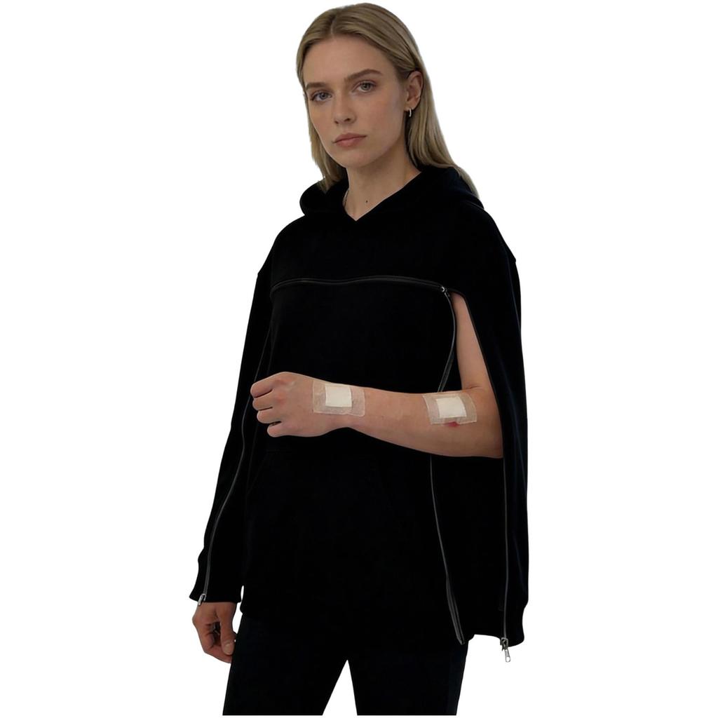 Women Fleece-Lined Adaptive Hoodie Full Arm Chest Access Long Sleeve Pullover Sweatshirt with Pocket for Dialysis Recovery