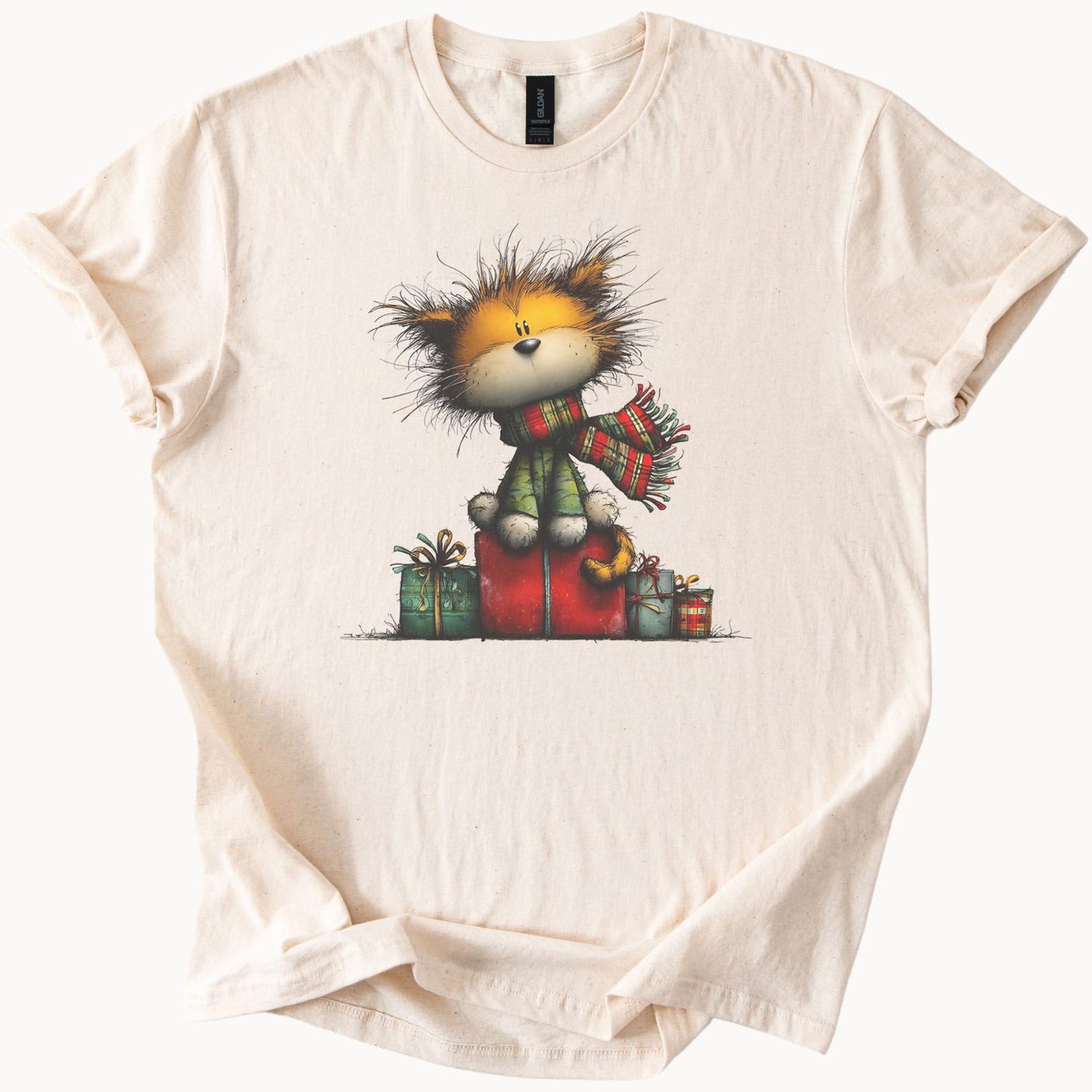Funny Christmas Cat Shirt Scruffy Cat With Presents Cozy Winter Cat Art Tee Holiday Graphic Shirt 140