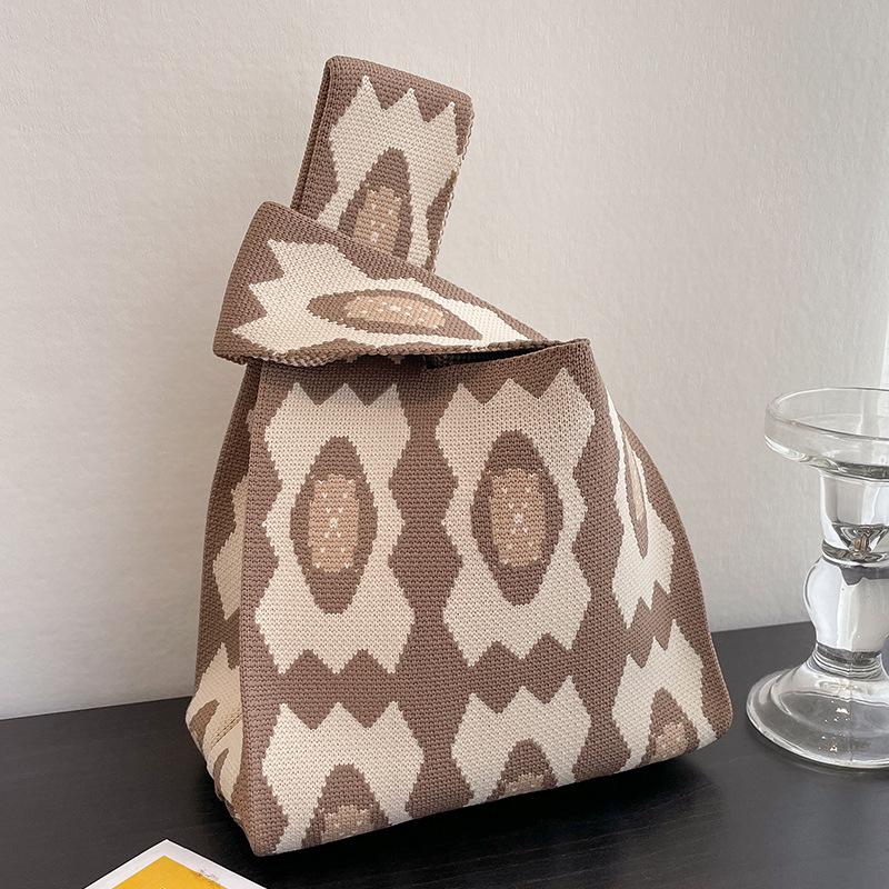 Cartoon Diamond Grid Knitting Bag New Vest Shoulder Bag Fashion Simple Tote Bag Korean Version Handbag Leisure Canvas Women Bags