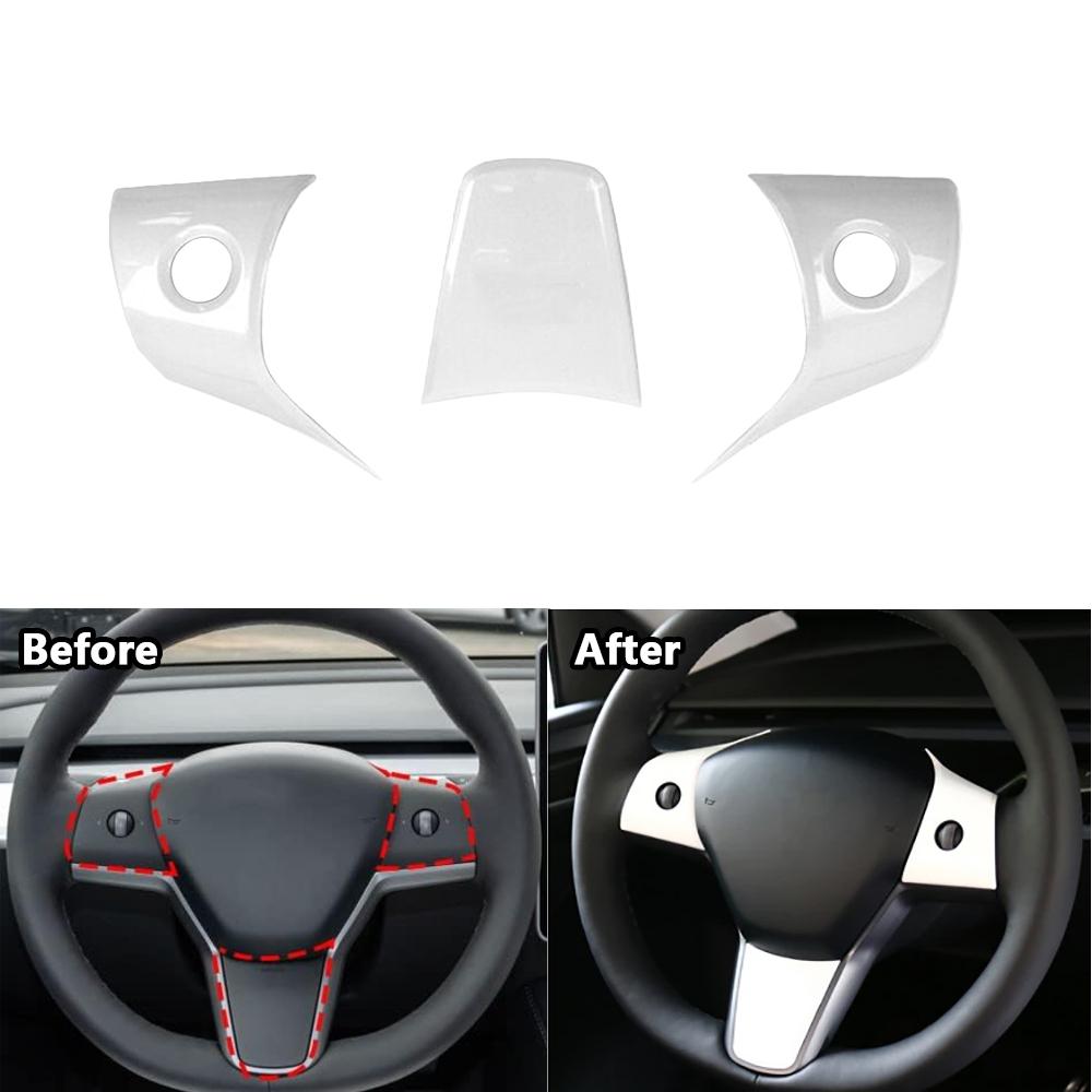 3Pcs Matte Carbon Fiber For Tesla Model Y 3 2017-2024 Car Steering Wheel Panel Cover Trim Stickers Frame Modification Accessorie
