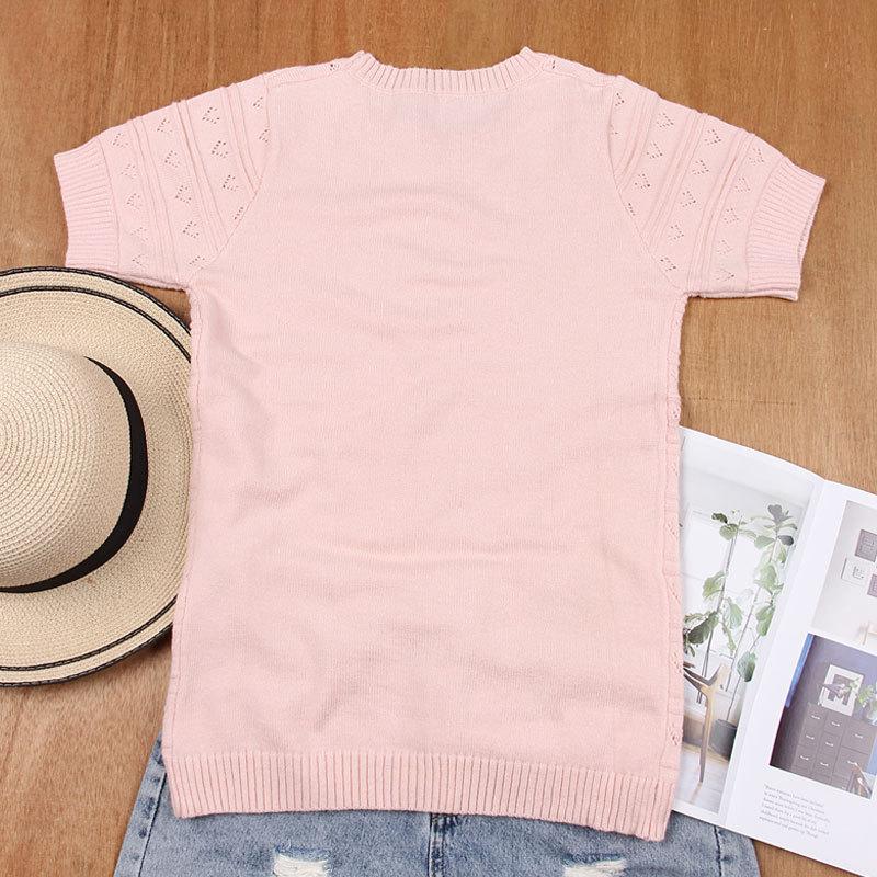 Dámský podzimní a zimní jednobarevný pletený volný svetr s kulatým výstřihem a krátkým rukávem