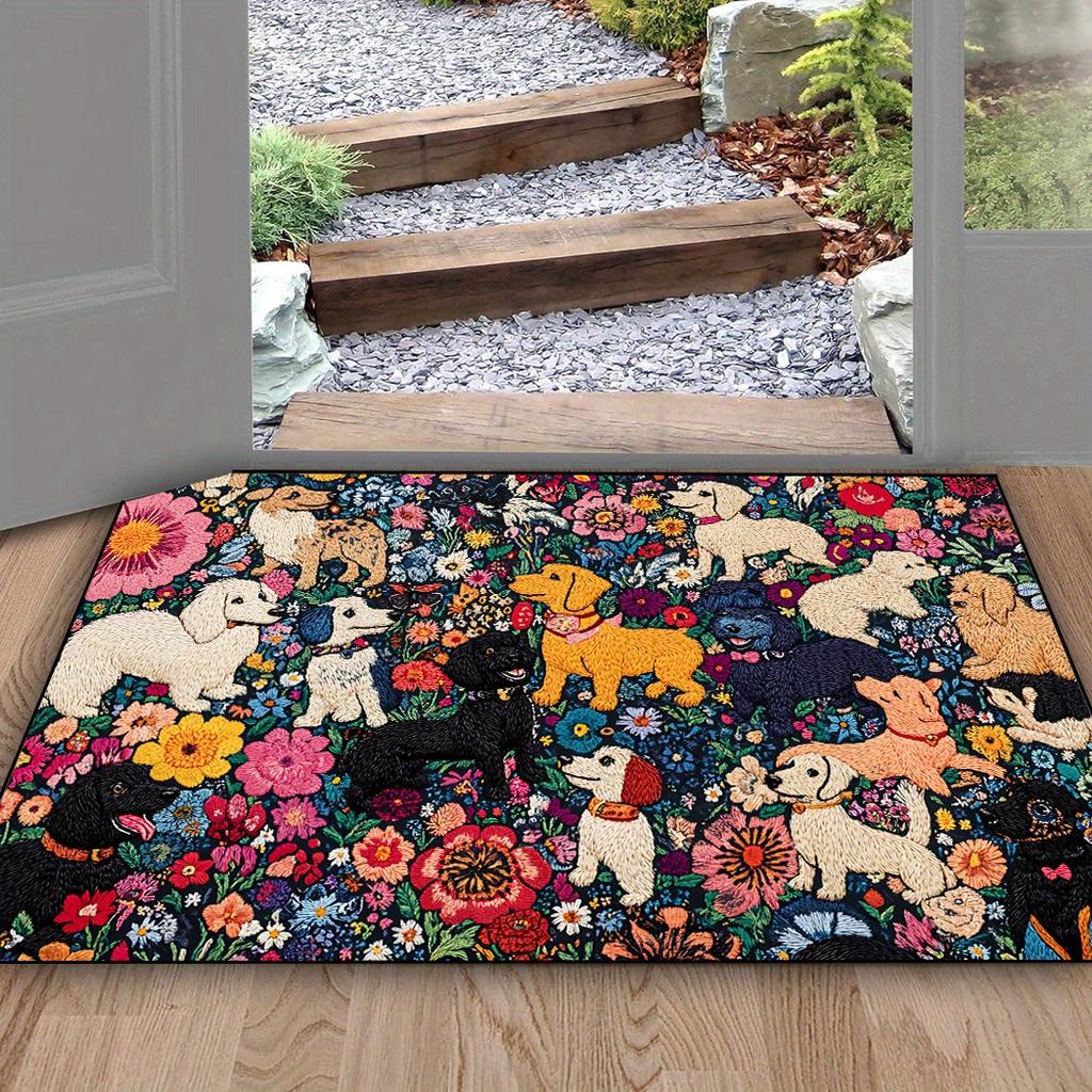 Colorful Puppy Flower Carpet for Living Room Bedroom and Home Decoration - Cartoon Dog Print Pattern Anti Slip Carpet