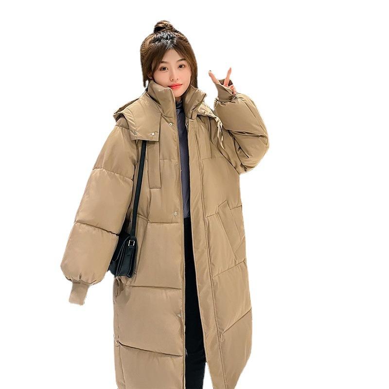 winter medium and long knee-down cotton-padded clothes, women's Korean version loose and thickened hooded cotton-padded jacket