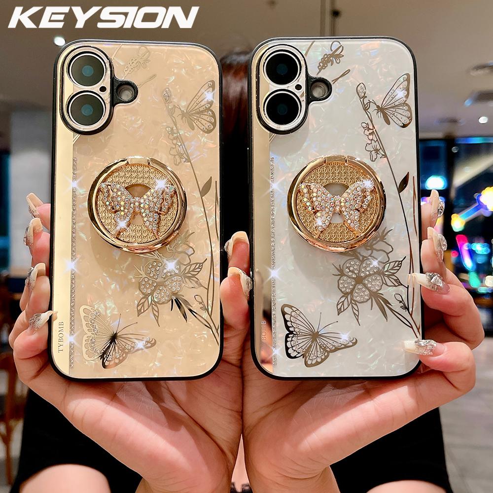 KEYSION Luxuxy Case for iPhone 16 Plus 16 Pro Max Butterfly Ring Stand Shockproof Phone Back Cover for iPhone 13 14 15 Pro Max