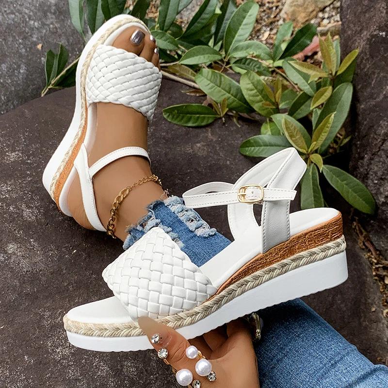 Fashion Women's Summer White Wedge Sandals Fashion Braided Ankle Strap Platform Sandals Woman Lightweight Non Slip Beach Shoes Plus Size