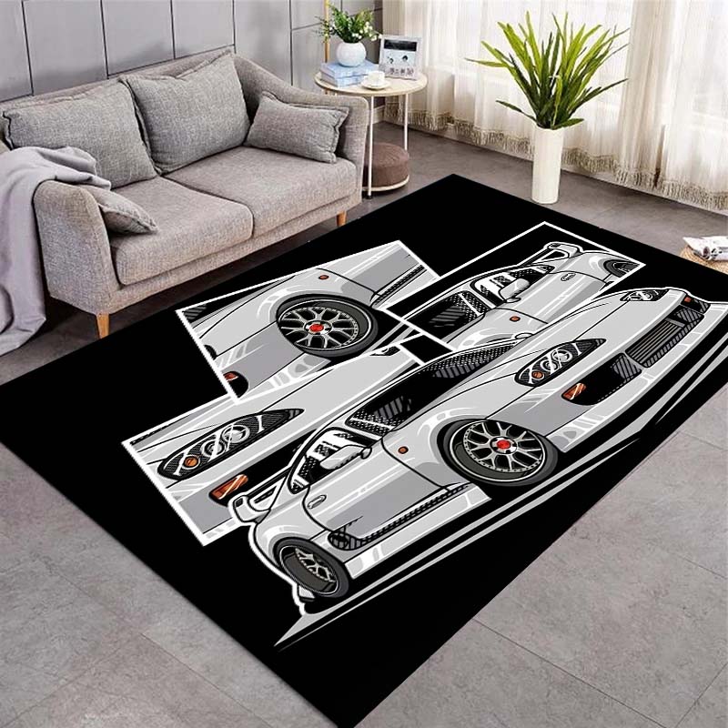 White JDM Sport Car Comic Collage Print Area Rug Non‑Slip Rectangular Floor Mat Car Fan Decor for Gaming Room Living Bedroom