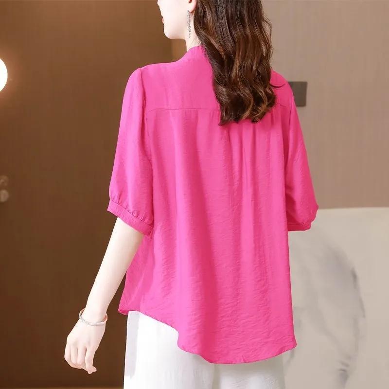 Fashion Embroidered Short Sleeved Cotton Linen Top Women's Summer Shirts Loose Cardigan Blouse Mother V-Neck Shirt Blaus 4XL