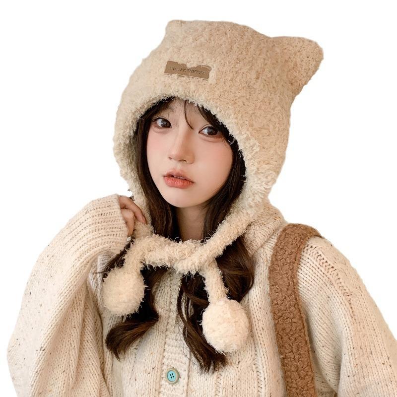 Autumn and winter hat female cute bear ears knitted wool hat winter warm plush ear protection hat thick